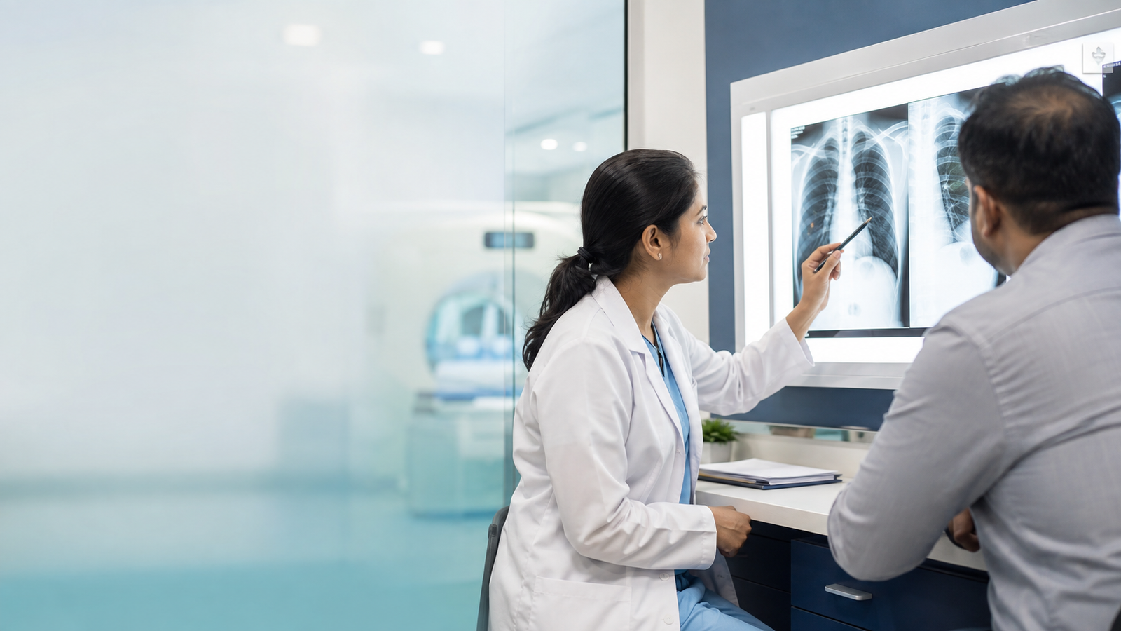 Radiologist reviewing an X-ray with a patient